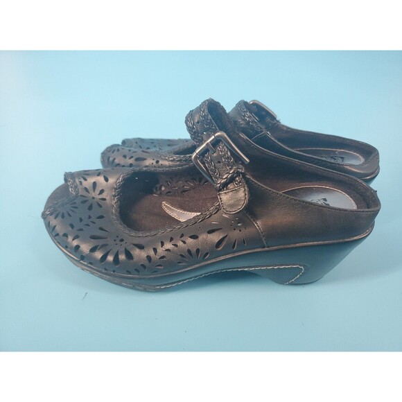 Womens Peep Toe Cloggs Sz 7 Floral Cut Out Boho Black Leather White Mountain - Picture 4 of 12